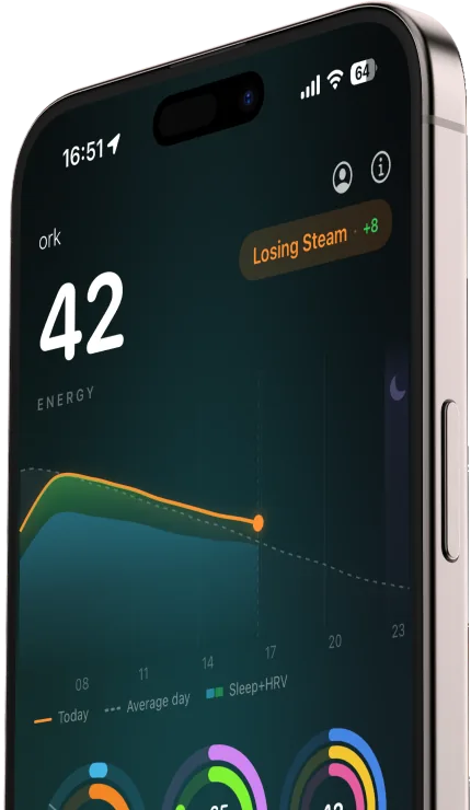 Ork's home screen on an iPhone: today's energy score and energy curve, rings for strain, recovery and nutrition, and the daily summary.