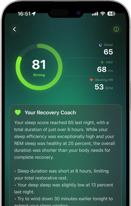 The recovery view in Ork: a recovery score of 81, sleep, HRV and resting heart rate, and advice from the recovery coach.