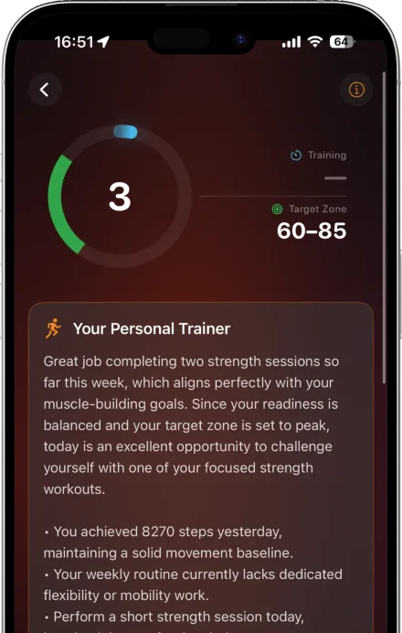 The training view in Ork: today's strain, the target zone and advice from the personal trainer.