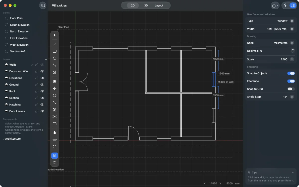 Skiss on a Mac: the floor plan of a house in 2D, with the Doors and Windows tool placing a 1200 mm window in the middle of a wall.