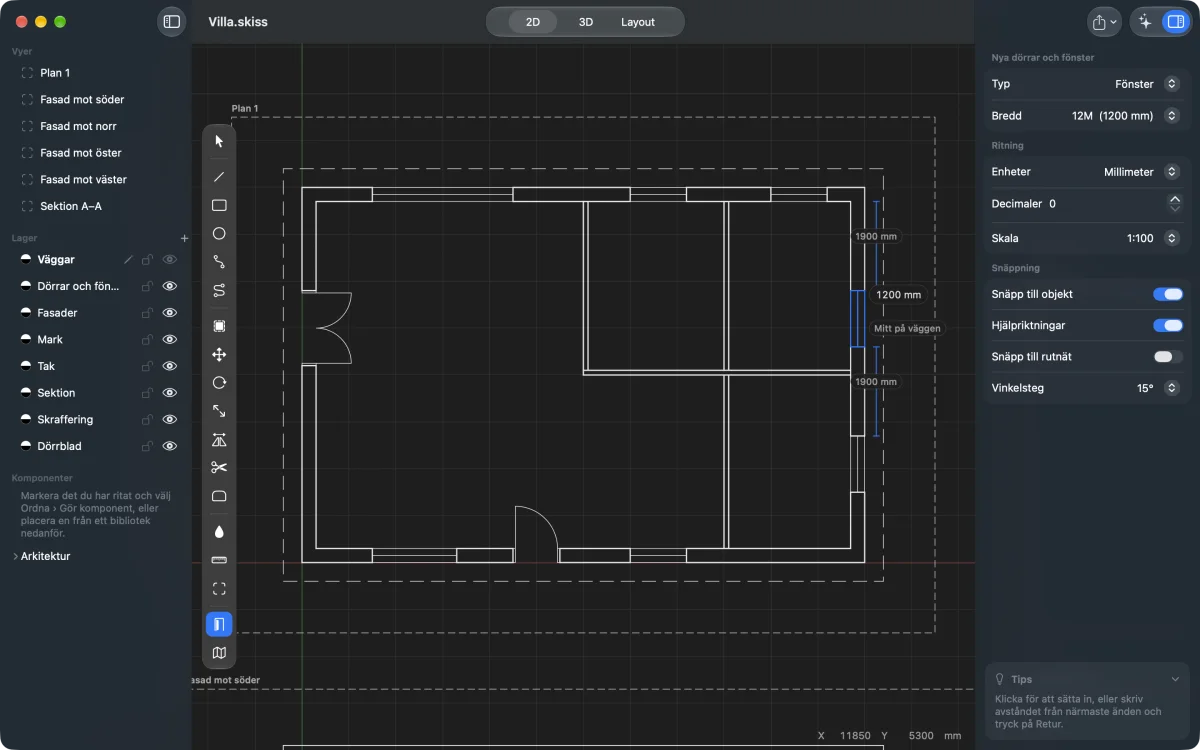Skiss på en Mac: planen av ett hus i 2D, där verktyget Dörrar och fönster sätter in ett fönster på 1 200 mm mitt på en vägg.