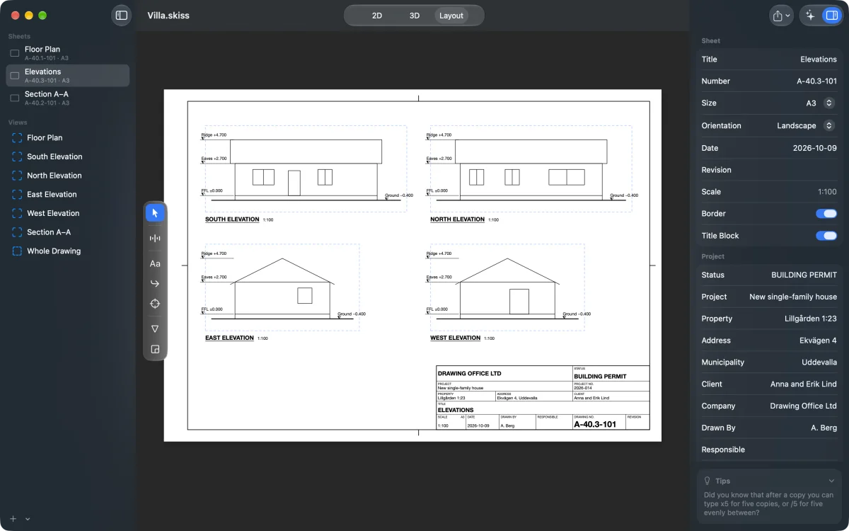 An elevations sheet in Skiss with the south, north, east and west elevations of a house at 1:100, ridge, eaves and floor levels, and a title block.