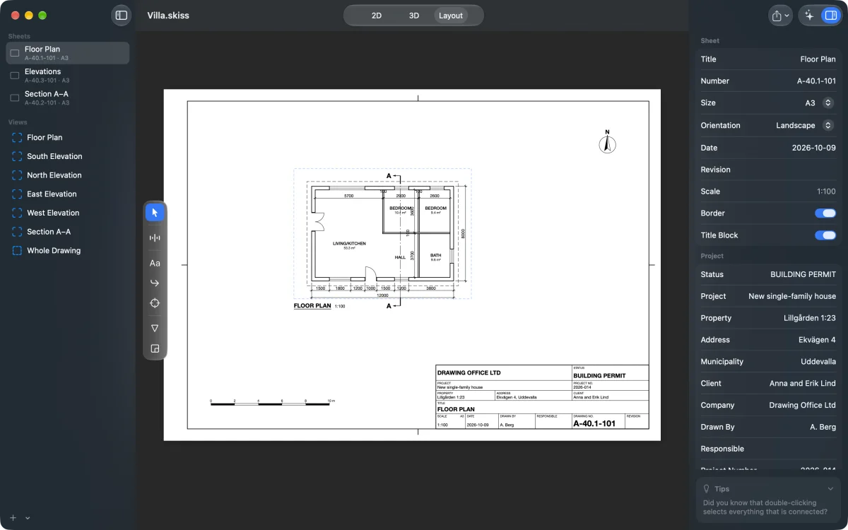 A floor plan sheet in Skiss Layout, with dimension chains, room names and areas, a section marker, a north arrow, a scale bar and a title block marked Building Permit.