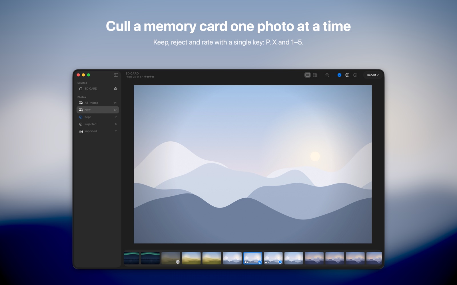 Vaska on a Mac: a large photo from the memory card, with a filmstrip of kept, rejected and rated photos below.